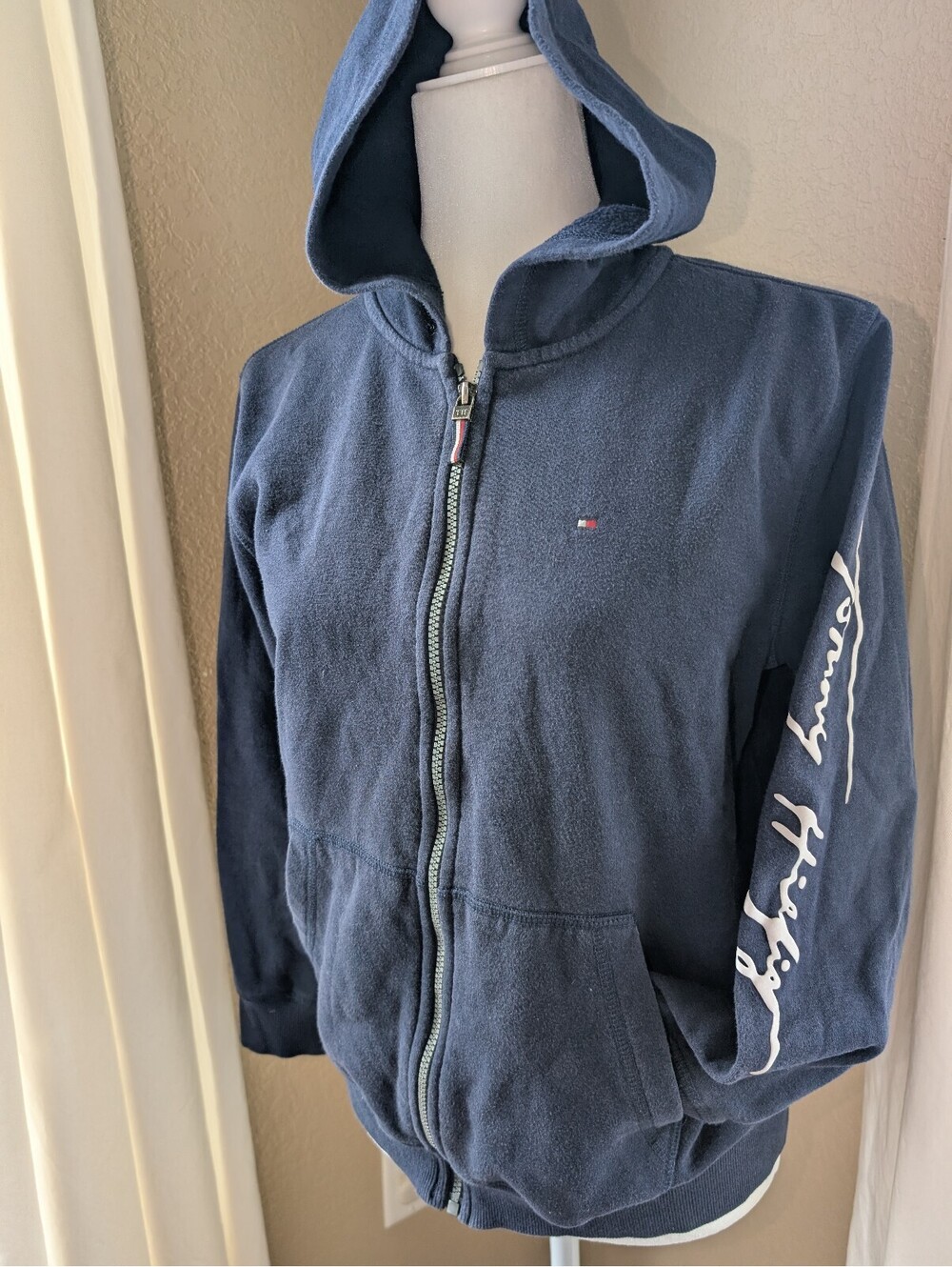 Tommy Hilfiger Navy Blue Full Zip Fleece Hoodie Spellout Sleeve Logo